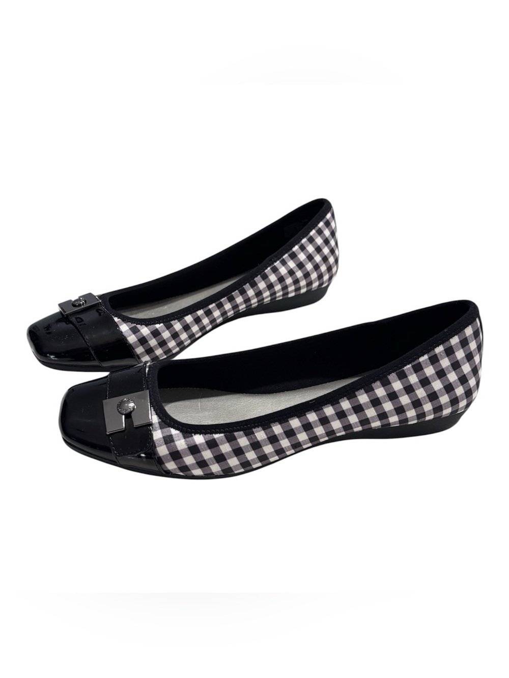 Anne Klein Sport Black White Gingham Ballet Flats Patent Trim Women's Size 8.5